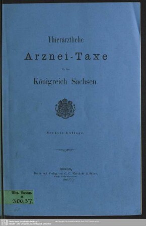 6.1888: Thierärztliche Arznei-Taxe für das Königreich Sachsen