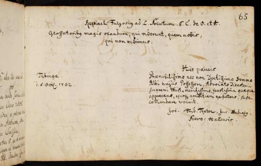 65r, Textor, Johann Friedrich. Tübingen, 05.10.1742 [aus Schwäbisch Hall; Jurastudent in Tübingen]
