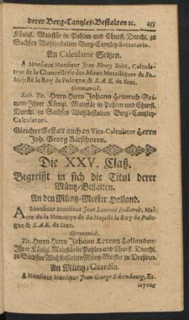 Die XXV. Claß. Begreifft in sich die Titul derer Müntz-Bestalten