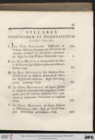 Syllabus opusculorum et dissertationum tomi primi