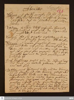Liste von Hieronymus Freyer über Absolventen des Königlichen Pädagogiums mit kurzen Beurteilungen.