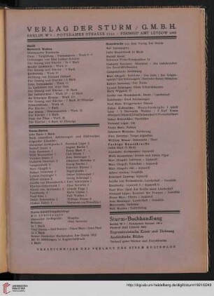 Verlag Der Sturm / Musik / Sturm-Karten / Sturm-Ausstellungskataloge / Kunstdrucke / Sturm-Buchhandlung