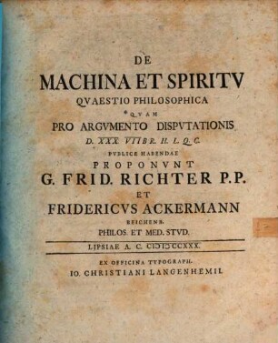 De Machina Et Spiritv Qvaestio Philosophica