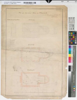 [Plan zu einer neuen Kirche in Volmerswerth. Balkenlage, Grundriß, Fundamente, Balkenlage zur Orgelbühne, Turmgebälk].