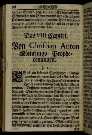 Das VIII. Capitel. Von Christian Anton Römelings Propheceyungen.