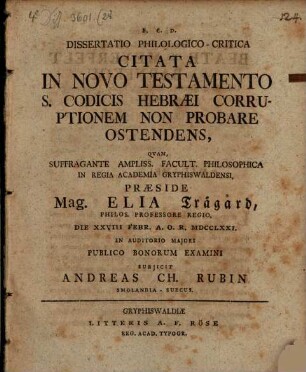 Diss. philol. crit. citata in N. T. s. Codicis Hebraei corruptionem non probare ostendens