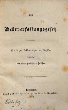 Das Wehrverfassungsgesetz : mit kurzen Erläuterungen und Register