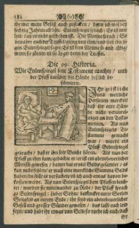 Die 99. Historie. Wie Eulenspiegel sein Testament machte/ und der Pfaff darüber die Hände heßlich beschmierte