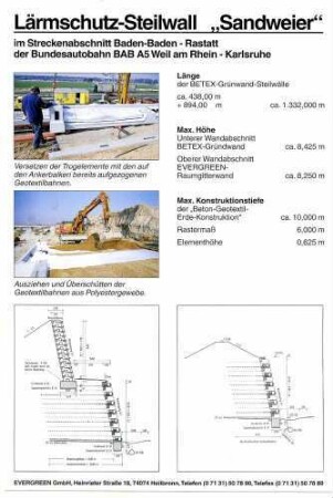 Lärmschutz-Steilwall "Sandweier" BETEX-Grünwand und EVERGREEN-Raumgitterwand (technische Angaben). Vorderseite Prospekt der Firma Evergreen, Heilbronn.