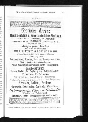 Anzeige der Firma Gebr. Ahrens, Elmshorn, in einem lokalen Adreßbuch, 1896.