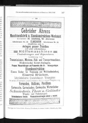 Anzeige der Firma Gebr. Ahrens, Elmshorn, in einem lokalen Adreßbuch, 1896.
