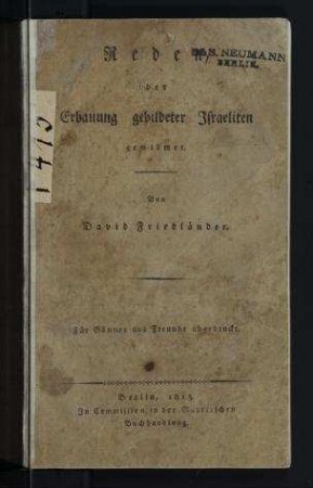 Reden der Erbauung gebildeter Israeliten gewidmet / von David Friedländer