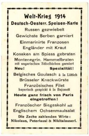o.Nr.: Welt-Krieg 1914. Deutsch-Oesterr. Speisen-Karte ...