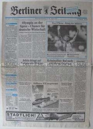 Fragment der "Berliner Zeitung" u.a. zur Bewerbung Berlins um die Olympischen Spiele 2000 und zur Kriminalitätsbekämpfung