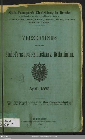1883,Apr.: Verzeichniss der bei der Stadt-Fernsprech-Einrichtung Betheiligten