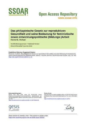 Das philippinische Gesetz zur reproduktiven Gesundheit und seine Bedeutung für feministische sowie entwicklungspolitische (Bildungs-)Arbeit