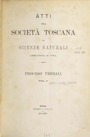 Atti della Società Toscana di Scienze Naturali. Processi verbali. 1. 1878/79
