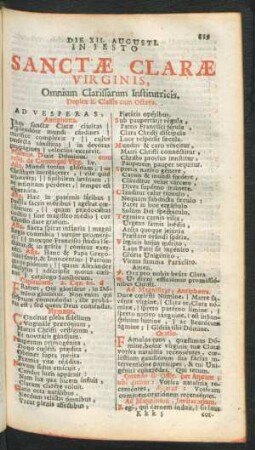 Die XII. Augusti. In Festo Sanctae Clarae Virginis, ...