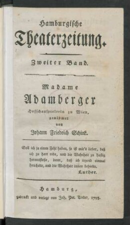 Zweiter Band=Nro. 27 (7. July 1792)/Nro. 52 (29. December 1792): Hamburgische Theaterzeitung
