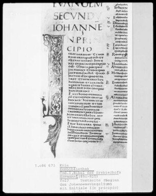 Bibel des Erzbischofs Hermann I., Textseite (Beginn des Johannesevangeliums mit Initiale I(in principio))