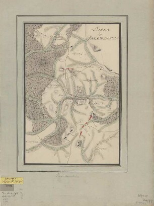 Plan der Stellungen bei Schloß Purschenstein/Erzgebirge, Handzeichnungen, um 1760? : Lager bey Porschenstein. - [S.l.] , [um 1760?]. - 1 Kt. : kolor. Handzeichng. ; 24 x 36 cm