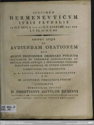 Specimen Hermeneuticum Iuris Feudalis : Ad II. F. XXVI. §. Ult. Et II. F. XXXXVIIII. Nec Non I. F. XX. et II. F. XII.
