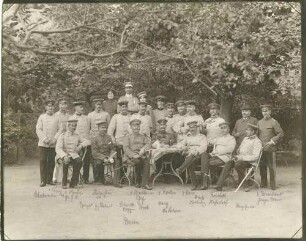 Georg von Körbling, Generalleutnant, teils stehend, teils sitzend, mit achtzehn Offizieren, drei Zivilisten (darunter zwei Damen) beim Schlussessen der Generalstabsreise in Karlsruhe-Durlach, 1905, in Uniform und Mütze