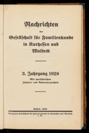 Nachrichten der Gesellschaft für Familienkunde in Kurhessen und Waldeck, 3. Jahrgang, 1928