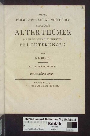 Ueber Einige In Der Gegend Von Erfurt Gefundene Alterthümer : Mit Historischen Und Kritischen Erlæuterungen ; Mit einer Kupfertafel
