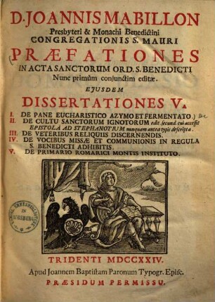 Ioannis Mabillonii Praefationes in acta sanctorum ordinis S. Benedicti