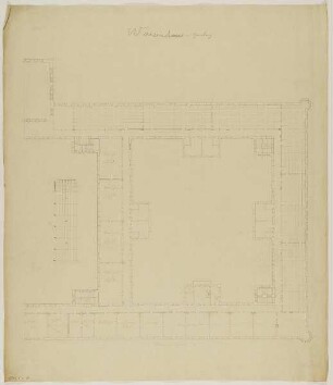 Waisenhaus, Hamburg. Wettbewerbsentwurf Kernkomplex. Grundriss 1. Stock. Rechte Hälfte mit Mittel- und Knabentrakt