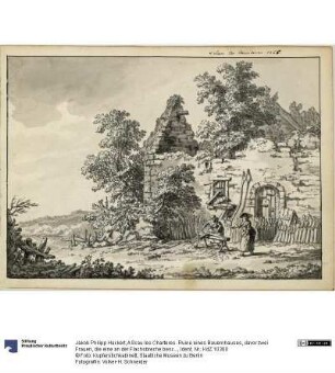 A Scau les Charteres. Ruine eines Bauernhauses, davor zwei Frauen, die eine an der Flachsbreche beschäftigt