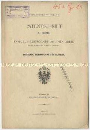 Patentschrift einer rotierenden Siebmaschine für Getreide, Patent-Nr. 10099