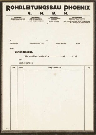 Versandanzeige der Firma Rohrleitungsbau Phoenix