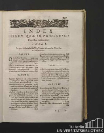 Index Eorum Quae In Prargressis Captibus continentur. Pars I. In qua Adversarii Objectiones adversus Elateristas examinantur.