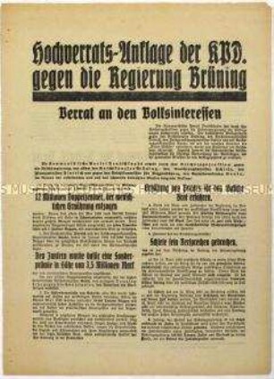 Flugblatt der KPD mit ihrer Hochverrats-Anklage an die Reichsregierung auf Grund der Sozial- und Wirtschaftspolitik