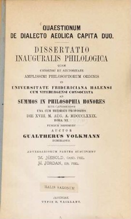 Quaestionum de dialecto Aeolica capita duo : (Haller Doctordiss.)