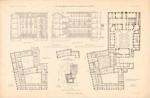 Preußisches Kultusministerium, Berlin Erweiterungsbau. Geschäftsgebäude für das Ministerium der geistlichen, Unterrichts- und Medizinalangelegenheiten: Lageplan, Grundriss EG, 1:OG, Zwischengeschoss, Schnitt AB, Schnitt CD (aus: Atlas zur Zeitschrift für Bauwesen, hrsg. v. Ministerium der öffentlichen Arbeiten, Jg. 54, 1904)