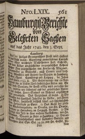 Nro. LXIX. auf das Jahr 1743. den 3. Sept. - Nro. LXXVI. auf das Jahr 1743. den 27. Sept.