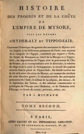 Histoire des progrès et de la chûte de l'empire de Mysore sous les règnes d'Hyder-Aly et Tippoo-Saïb, 2