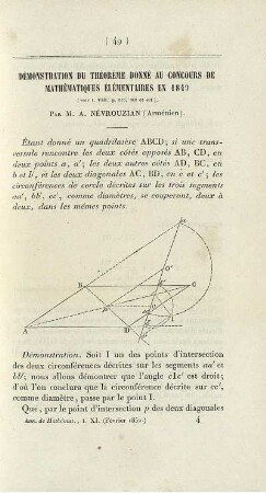 Démonstration du théorème donné au concours de mathématiques élémentaires en 1849.