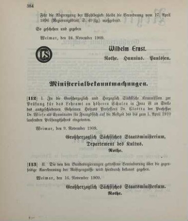 Nr. 113: Ministerialbekanntmachung, betreffend die Vereinbarung der Bundesregierungen über die gegenseitige Anerkennung der Reifezeugnisse