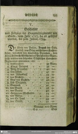 V. Geschichte und Feldzüge des Dragonerregiments von Borke, vom Jahr 1717. da es gestiftet worden, bis zum Julius, 1784