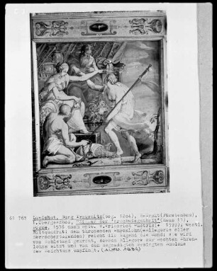 Allegorie aller Herrschertugenden: dem thronenden Ehrenlohn reicht die Tugend die Hand, während ihr der Wohlstand eine Krone aufsetzt und sie von der besiegten Untugendhaftigkeit Embleme des Reichtums empfängt