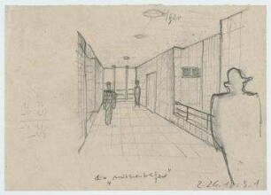 Das Mittelganghaus, Entwurf für die Ausstellung des BDA im Schloss Charlottenburg (nicht realisiert) – Innenperspektivansicht Mittelgang