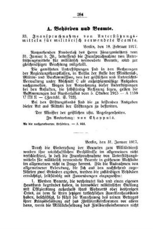 Inanspruchnahme von Unterstützungsmitteln für militärisch verwendete Beamten : [A. Behörden und Beamte]