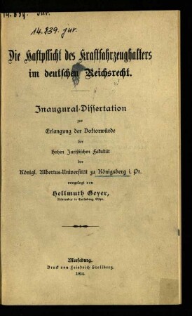 Die Haftpflicht des Kraftfahrzeughalters im deutschen Reichsrecht