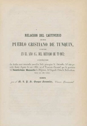 Relacion del cautiverio pueblo Cristiano de Tunquin, ...