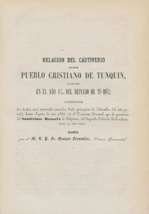 Relacion del cautiverio pueblo Cristiano de Tunquin, ...