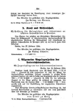 Prüfung für Gesanglehrer und -lehrerinnen an höheren Lehranstalten in Preußen : [B. Kunst und Wissenschaft]